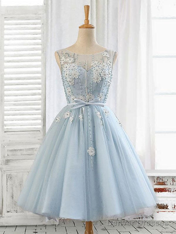 Blue Round Neck Tulle Beads Tulle Short Prom Dress, Blue Homecoming Dress Main image