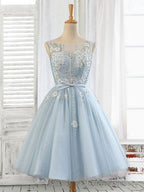 Blue Round Neck Tulle Beads Tulle Short Prom Dress, Blue Homecoming Dress