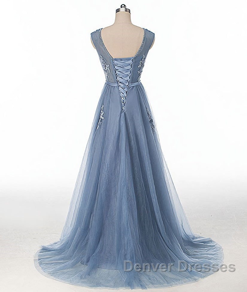 Blue round neck tulle lace applique long prom Dress, blue evening Dress