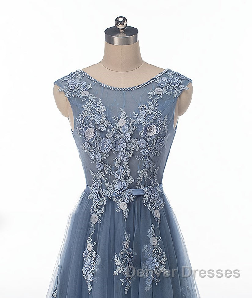 Blue round neck tulle lace applique long prom Dress, blue evening Dress