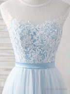 Blue Round Neck Tulle Lace Applique Long Prom Dresses