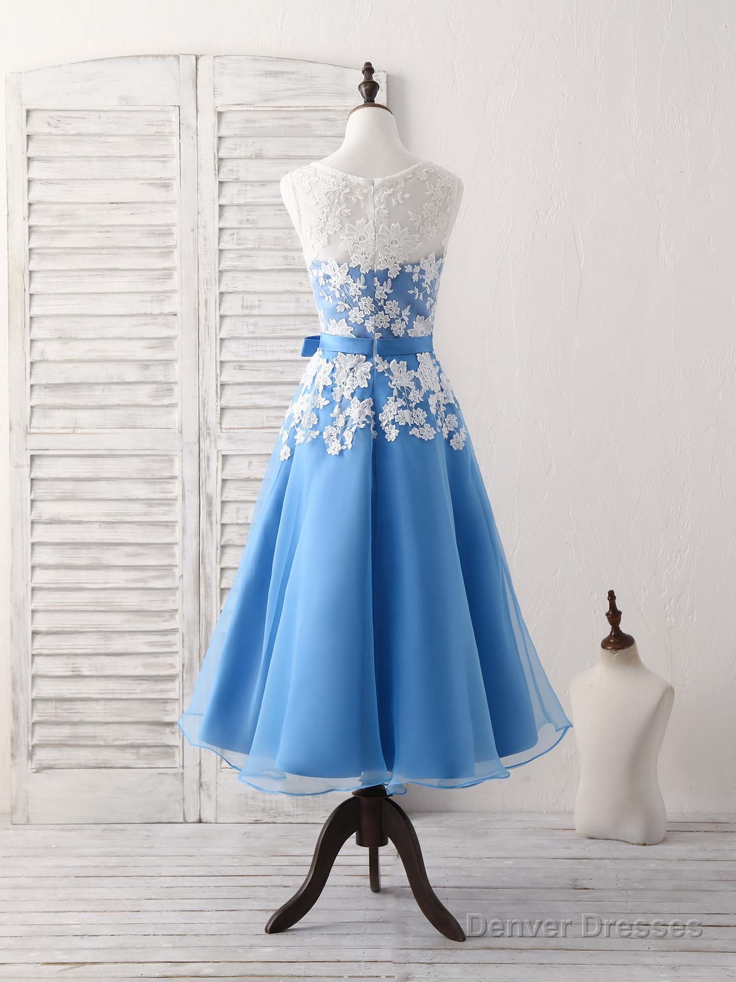Blue Round Neck Tulle Lace Applique Tea Long Prom Dress, Bridesmaid Dress Secondary image