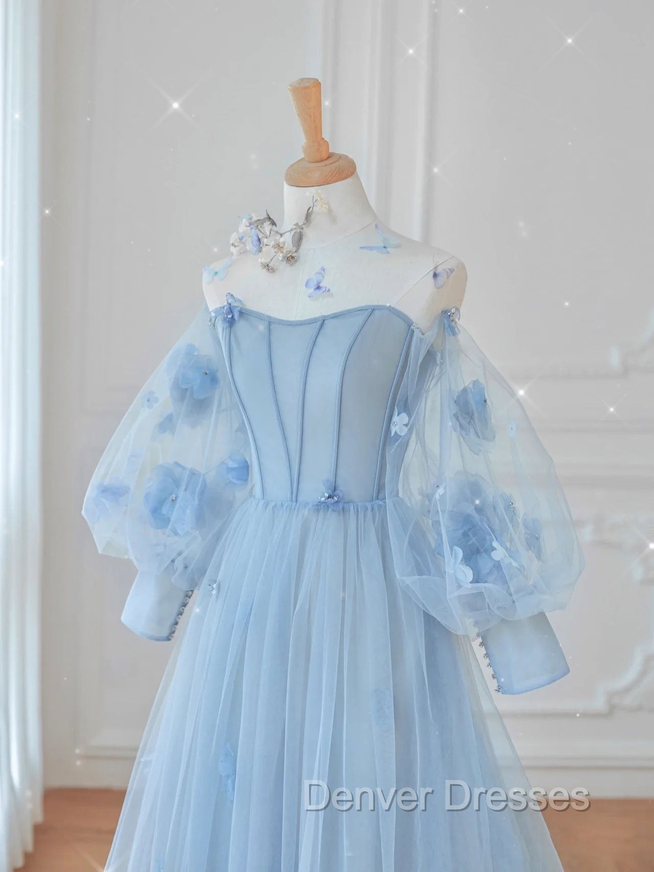 Blue Round Neck Tulle Lace Long Prom Dress, Blue Tulle Evening Dress Secondary image