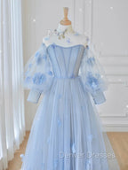 Blue Round Neck Tulle Lace Long Prom Dress, Blue Tulle Evening Dress