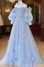 Blue Round Neck Tulle Lace Long Prom Dress, Blue Tulle Evening Dress