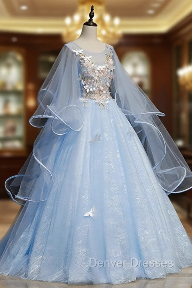 Blue Round Neck Tulle Lace Long Prom Dress, Blue Sweet 16 Dress Secondary image