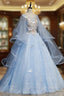Blue Round Neck Tulle Lace Long Prom Dress, Blue Sweet 16 Dress