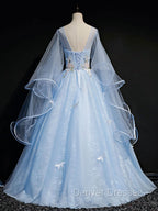 Blue Round Neck Tulle Lace Long Prom Dress, Blue Sweet 16 Dress