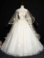 Blue Round Neck Tulle Lace Long Prom Dress, Blue Sweet 16 Dress