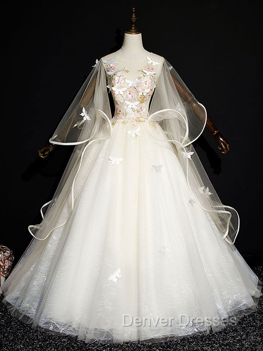 Blue Round Neck Tulle Lace Long Prom Dress, Blue Sweet 16 Dress