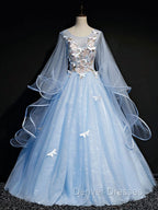 Blue Round Neck Tulle Lace Long Prom Dress, Blue Sweet 16 Dress
