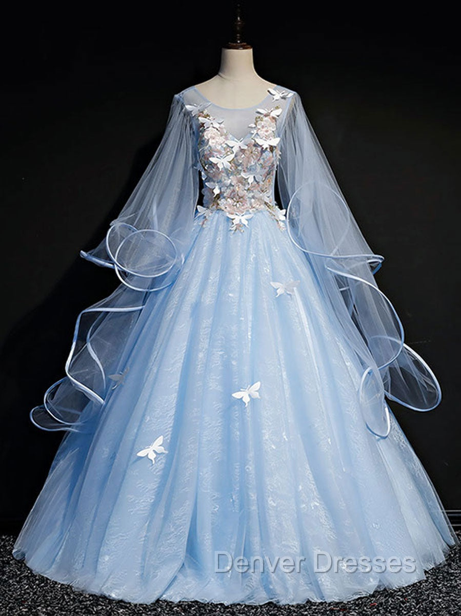 Blue Round Neck Tulle Lace Long Prom Dress, Blue Sweet 16 Dress