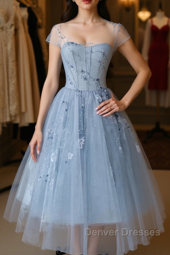 Blue round neck tulle lace short prom Dress, blue homecoming Dress