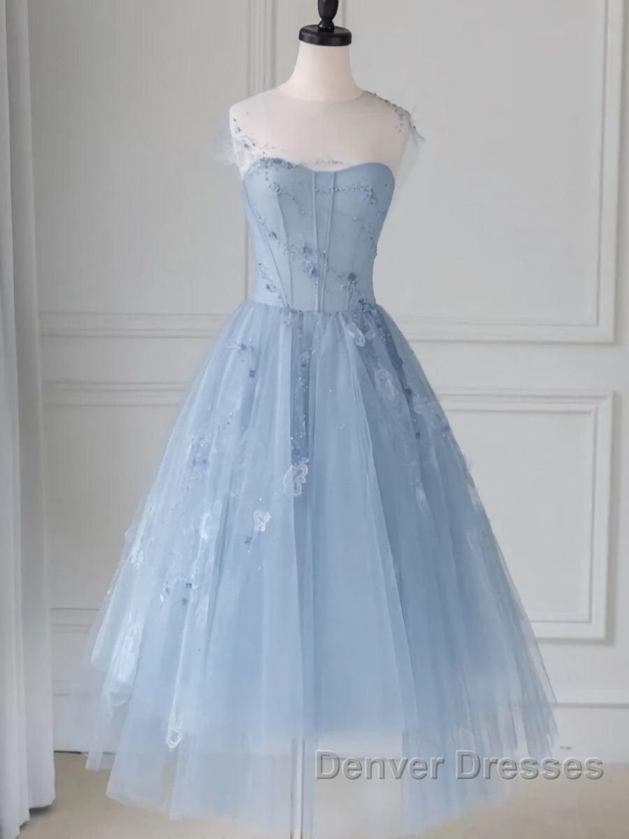 Blue round neck tulle lace short prom Dress, blue homecoming Dress