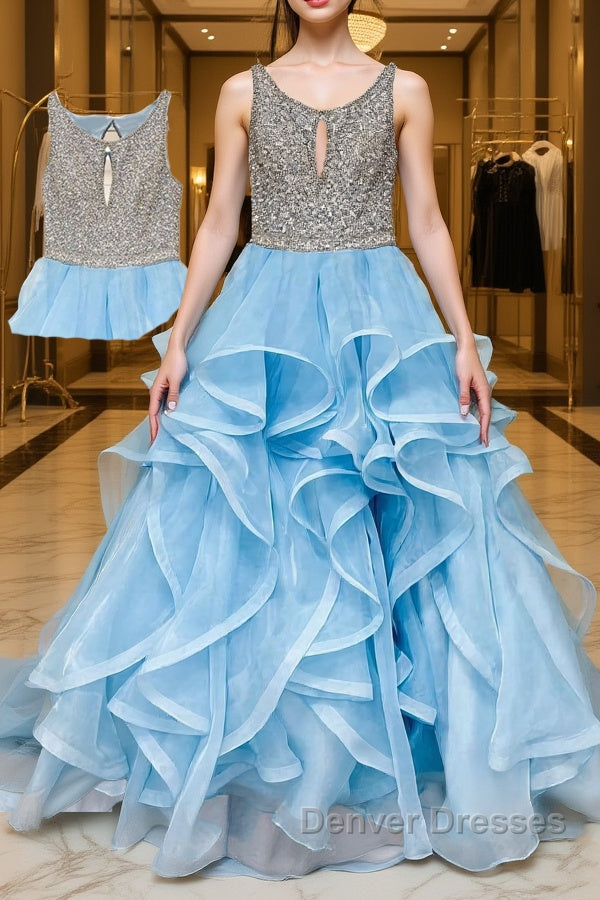 Blue round neck tulle sequin long prom Dress blue tulle formal Dress