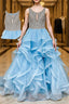 Blue round neck tulle sequin long prom Dress blue tulle formal Dress