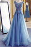 Blue Round Neckline Long Applique Elegant Senior Formal Dress, Long Party Gowns