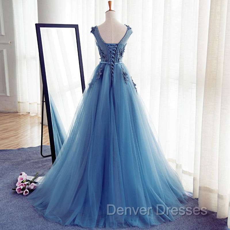Blue Round Neckline Long Applique Elegant Senior Formal Dress, Long Party Gowns