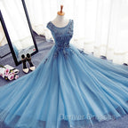 Blue Round Neckline Long Applique Elegant Senior Formal Dress, Long Party Gowns