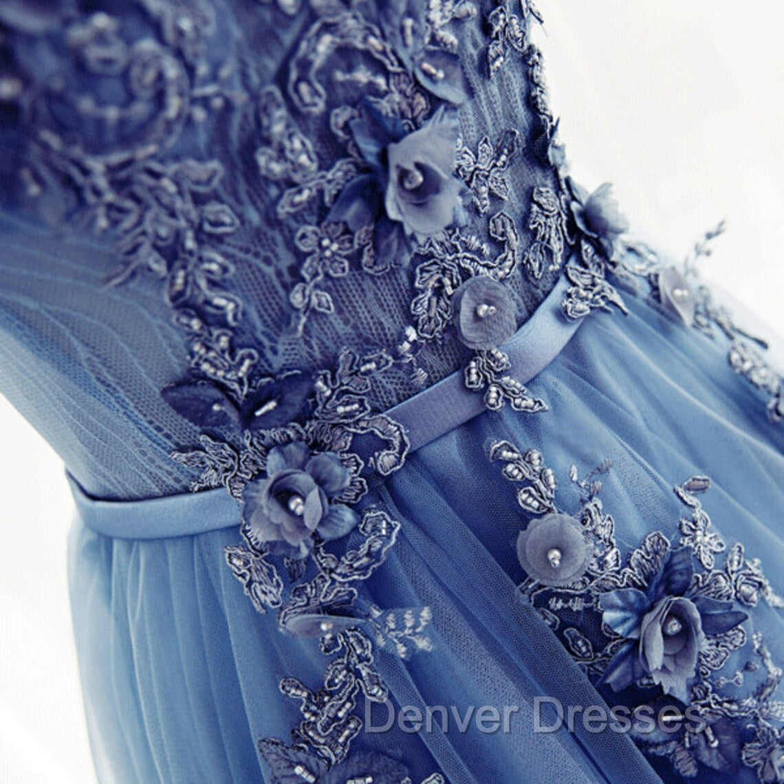 Blue Round Neckline Long Applique Elegant Senior Formal Dress, Long Party Gowns