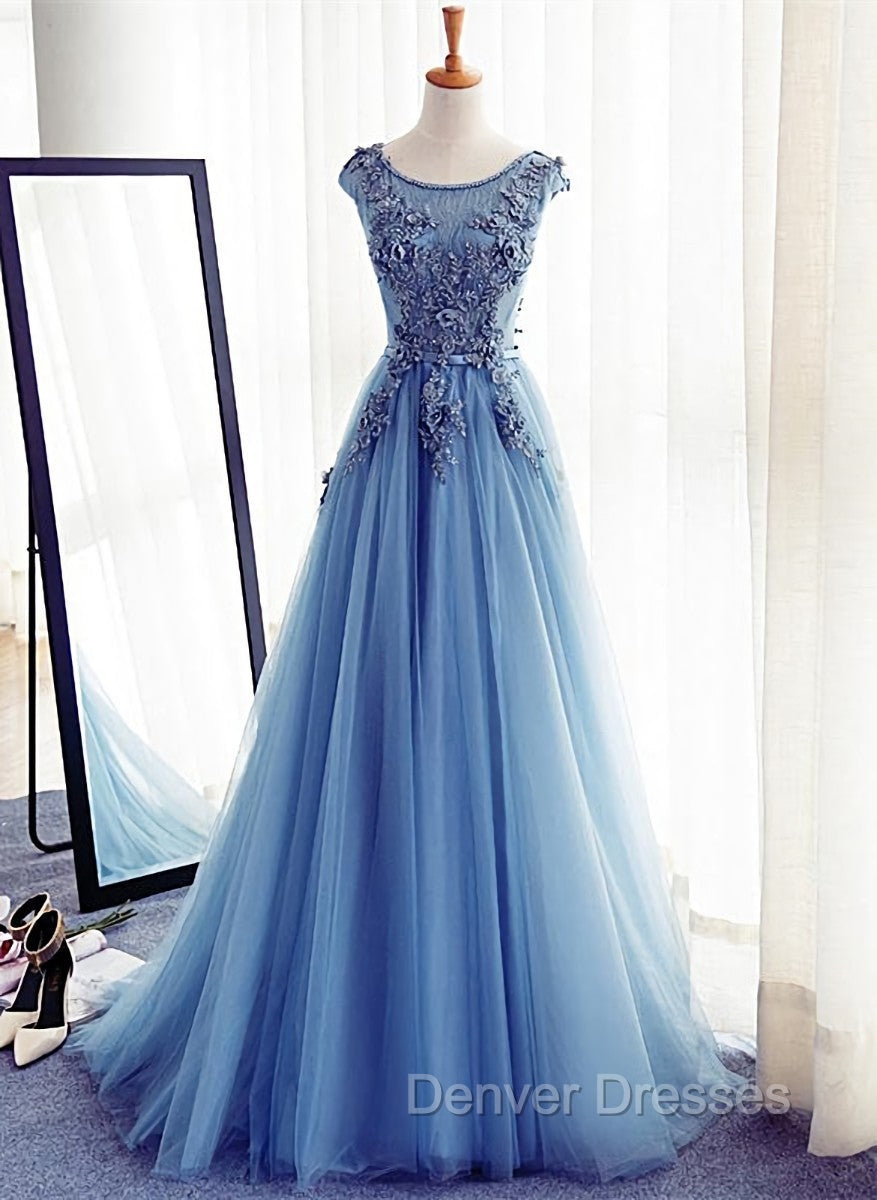 Blue Round Neckline Long Applique Elegant Senior Formal Dress, Long Party Gowns Main image