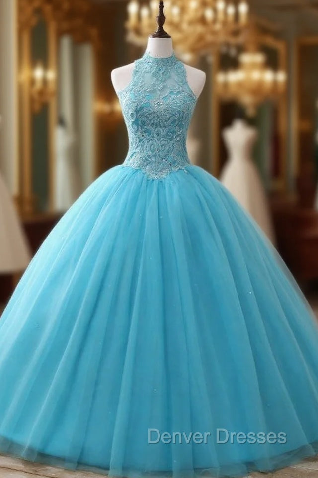 Blue Rulle Lace Appliques High Neck Backless Sweet 15 Dress Main image