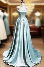 Blue Satin A-line Beaded Long Party Dress Prom Dress, Blue Evening Dress