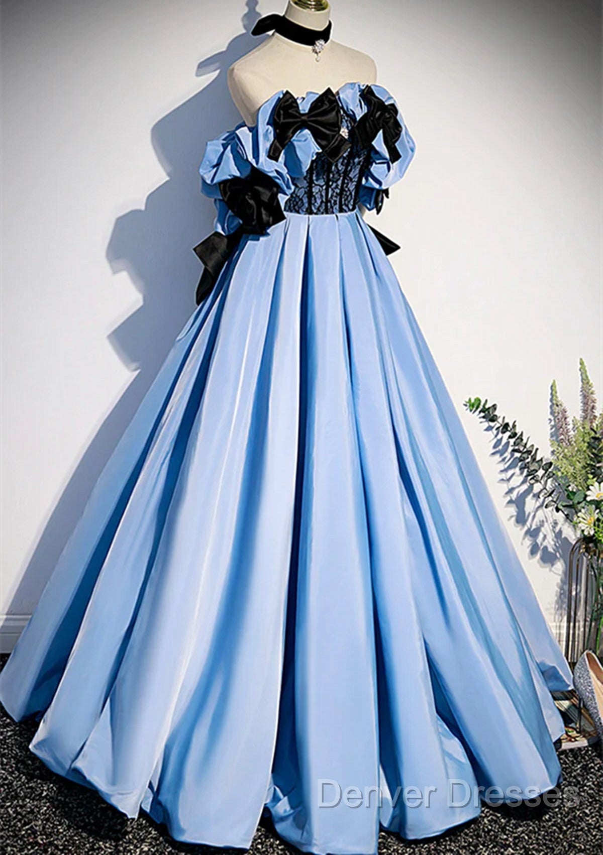 Blue Satin A-Line Long Prom Dress With Black Bow, Off The Shoulder Blue Long Party Dress Secondary image