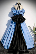 Blue Satin A-Line Long Prom Dress With Black Bow, Off The Shoulder Blue Long Party Dress