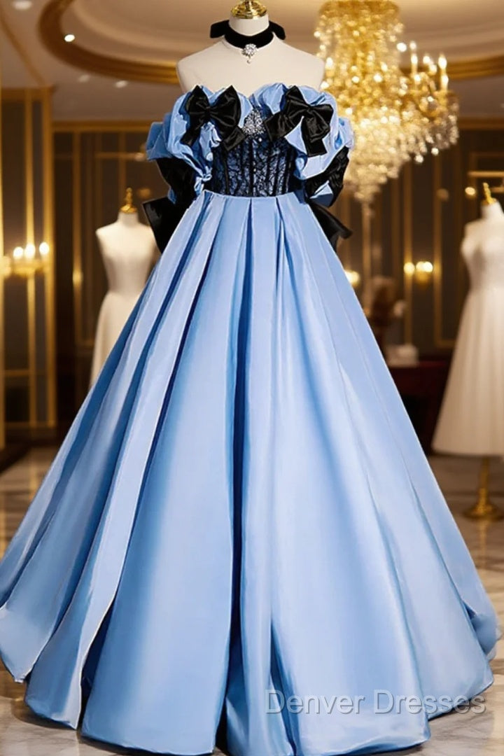 Blue Satin A-Line Long Prom Dress With Black Bow, Off The Shoulder Blue Long Party Dress Main image