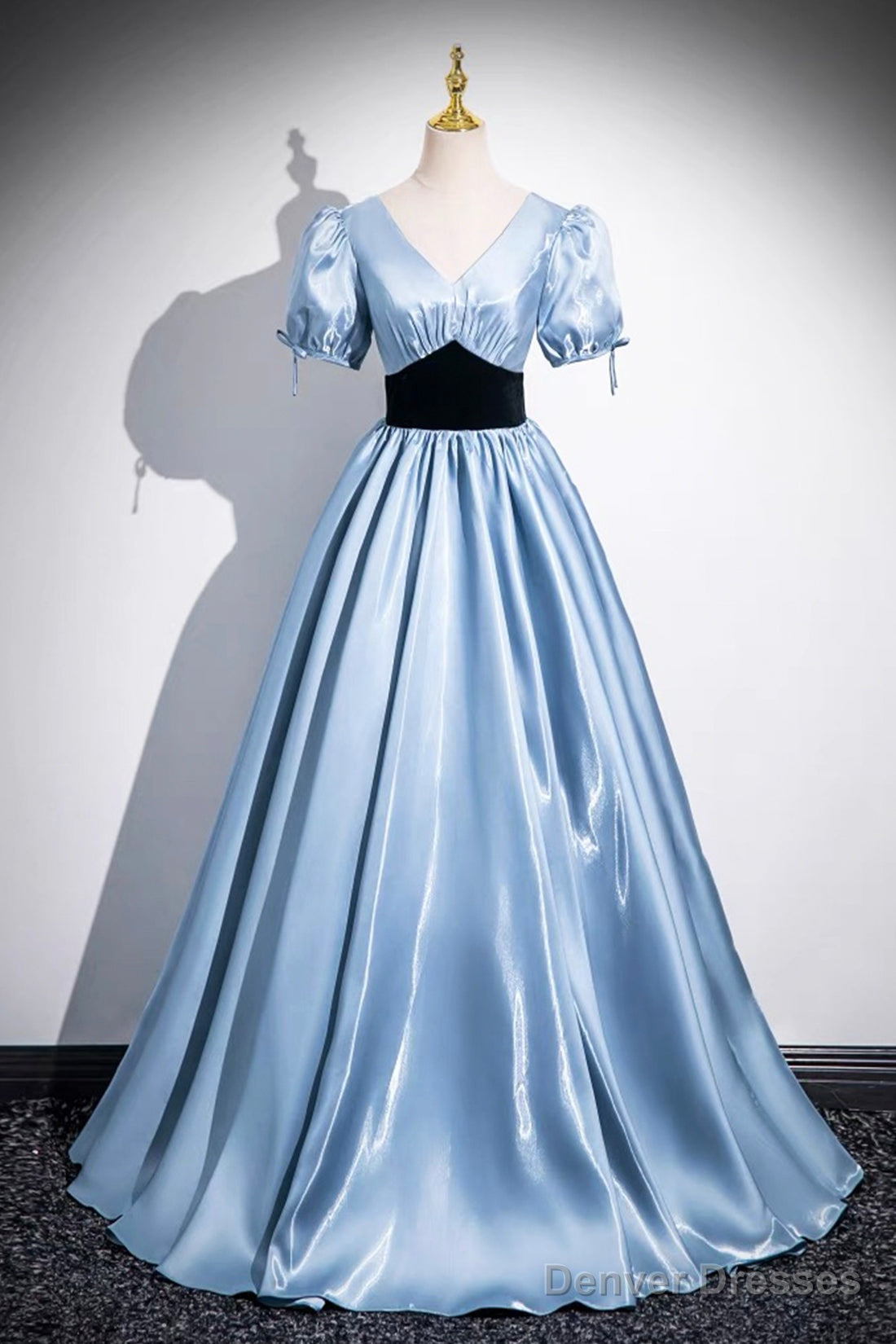 Blue Satin And Black Velvet Long Prom Dress, A-Line V-Neck Short Sleeve Evening Dress Main image