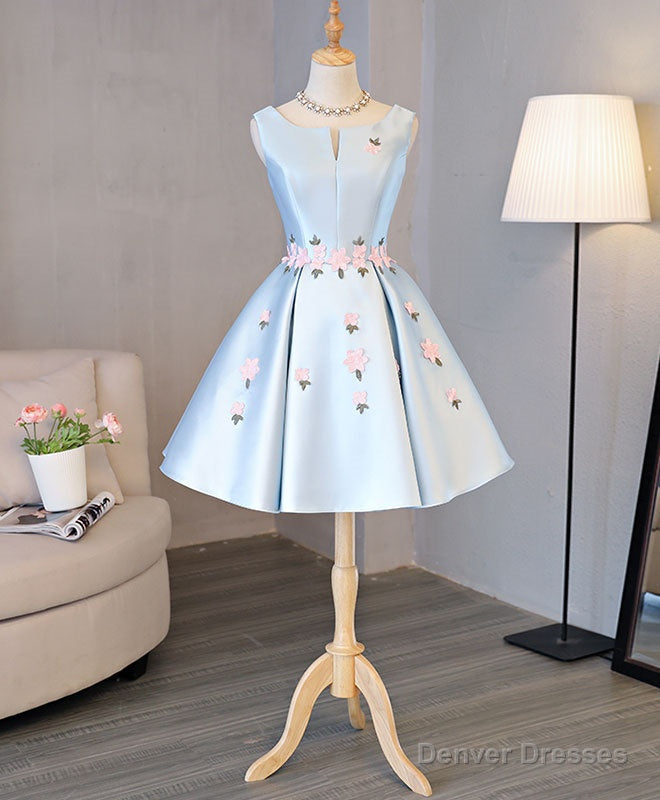 Blue Satin Applique Short Prom Dress, Blue Homecoming Dress Main image