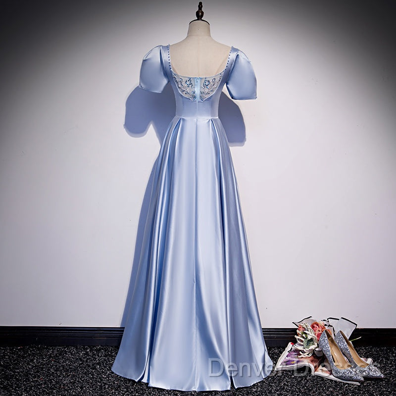 Blue Satin Beaded A-Line Long Party Dress, Blue Prom Party Dress Formal Dress Secondary image