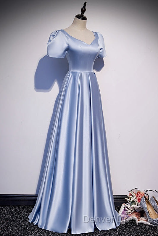 Blue Satin Beaded A-Line Long Party Dress, Blue Prom Party Dress Formal Dress