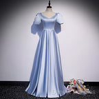 Blue Satin Beaded A-Line Long Party Dress, Blue Prom Party Dress Formal Dress