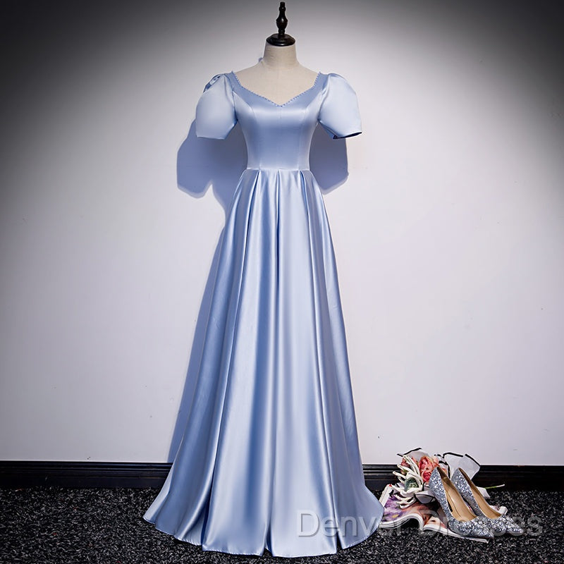 Blue Satin Beaded A-Line Long Party Dress, Blue Prom Party Dress Formal Dress