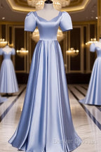 Blue Satin Beaded A-Line Long Party Dress, Blue Prom Party Dress Formal Dress
