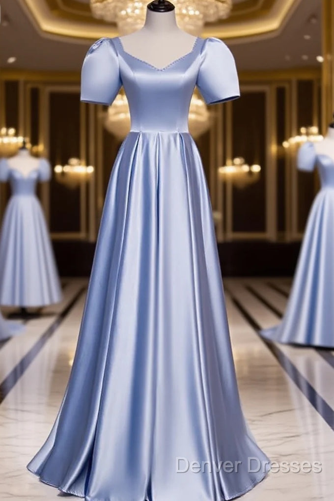 Blue Satin Beaded A-Line Long Party Dress, Blue Prom Party Dress Formal Dress