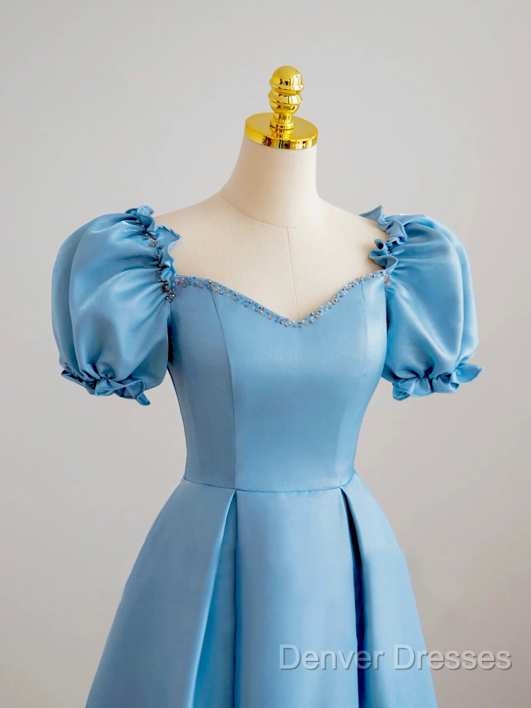Blue Satin Beaded Floor Length Prom Dress, Blue A-Line Short Sleeve Evening Dress Secondary image
