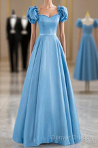 Blue Satin Beaded Floor Length Prom Dress, Blue A-Line Short Sleeve Evening Dress