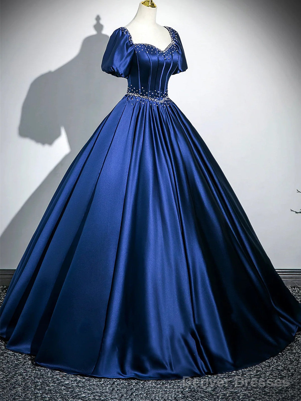 Blue Satin Beaded Short Sleeves Long Formal Dress, Blue Sweetheart Prom Dress Secondary image