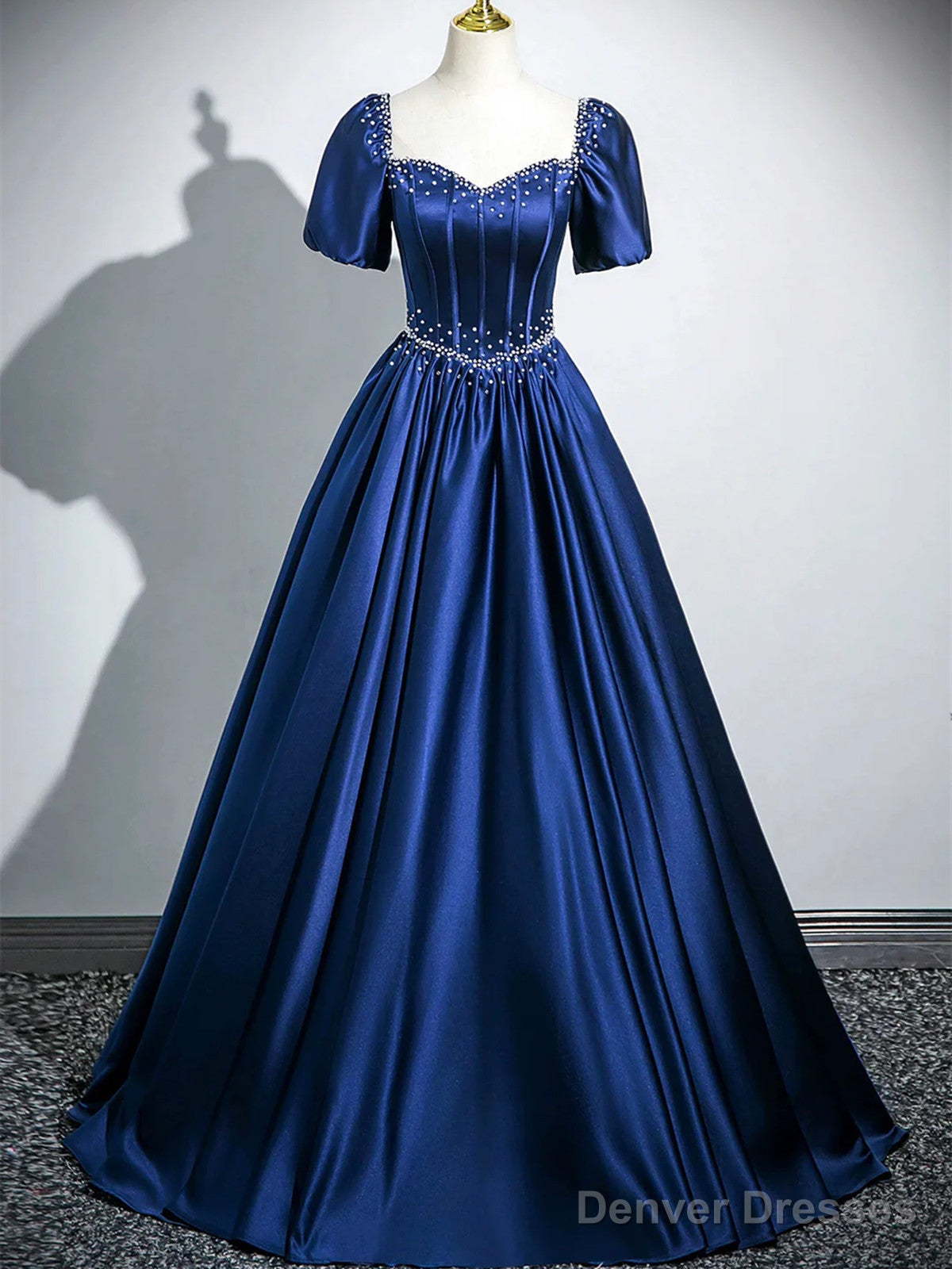 Blue Satin Beaded Short Sleeves Long Formal Dress, Blue Sweetheart Prom Dress Main image