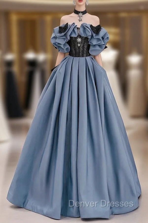 Blue Satin Black Lace Strapless Prom Dress Main image