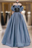 Blue Satin Black Lace Strapless Prom Dress