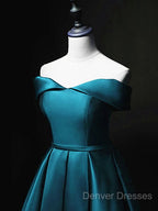 Blue Satin Cute Knee Length Short Prom Dress Homecoming Dress, Off Shoulder Formal Dress