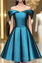 Blue Satin Cute Knee Length Short Prom Dress Homecoming Dress, Off Shoulder Formal Dress