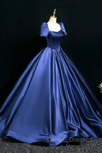 Blue Satin Floor Length Formal Dress, Elegant Off The Shoulder Evening Party Dress