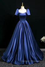 Blue Satin Floor Length Formal Dress, Elegant Off The Shoulder Evening Party Dress