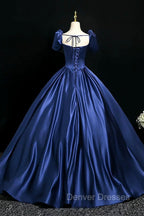 Blue Satin Floor Length Formal Dress, Elegant Off The Shoulder Evening Party Dress