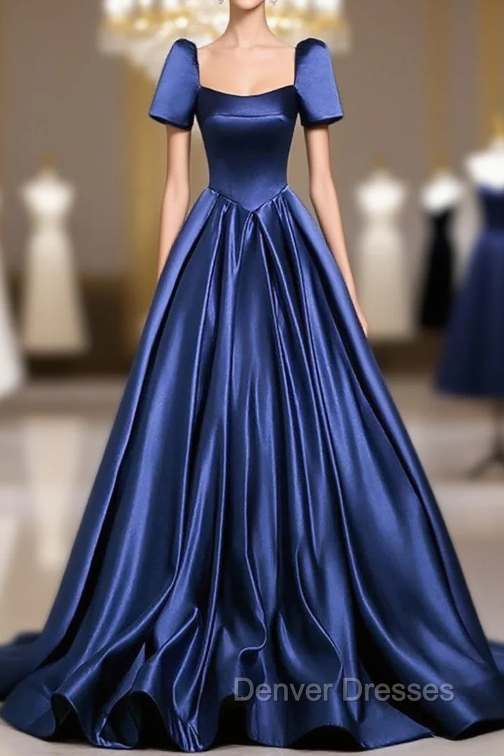 Blue Satin Floor Length Formal Dress, Elegant Off The Shoulder Evening Party Dress Main image